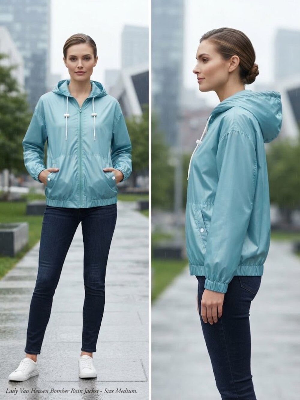 Lady Van Heusen Light Aqua Blue Hooded Bomber Women's Rain Jacket - Size Medium
